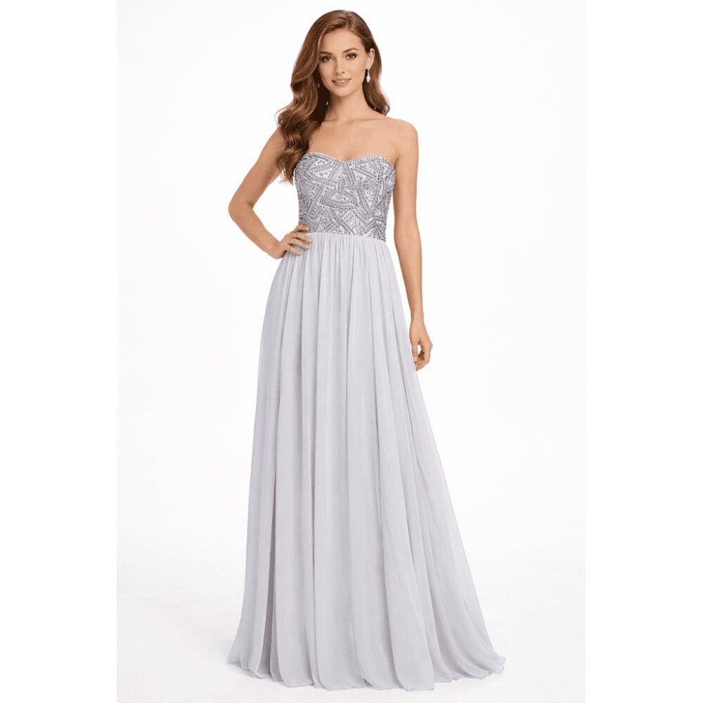 Decode Beaded Strapless Prom Formal Gown Silver Chiffon Size 2 NWT